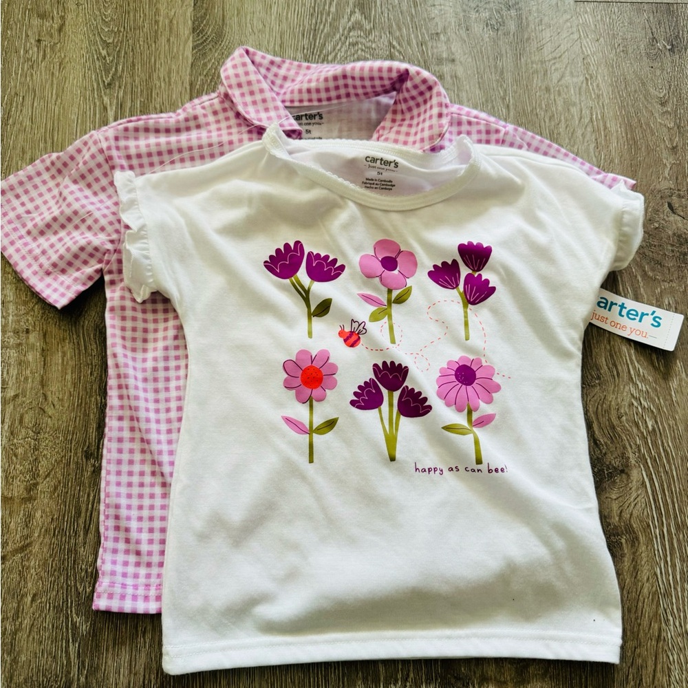 Carter's White and Pink Short Sleeve Tees with Floral and Gingham Designs